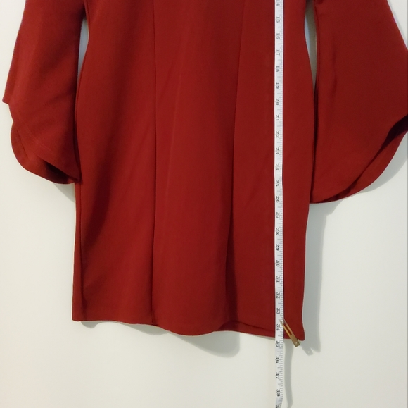 ALMOST FAMOUS STRETCH BURGUNDY SHEATH DRESS LONG BELL SLEEVE V NECKLINE SIZE L - Picture 3 of 9